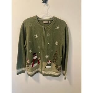 Croft & Barrow Green Full Zip Up Knit Ugly Christmas Snowman Sweater-Size 1X